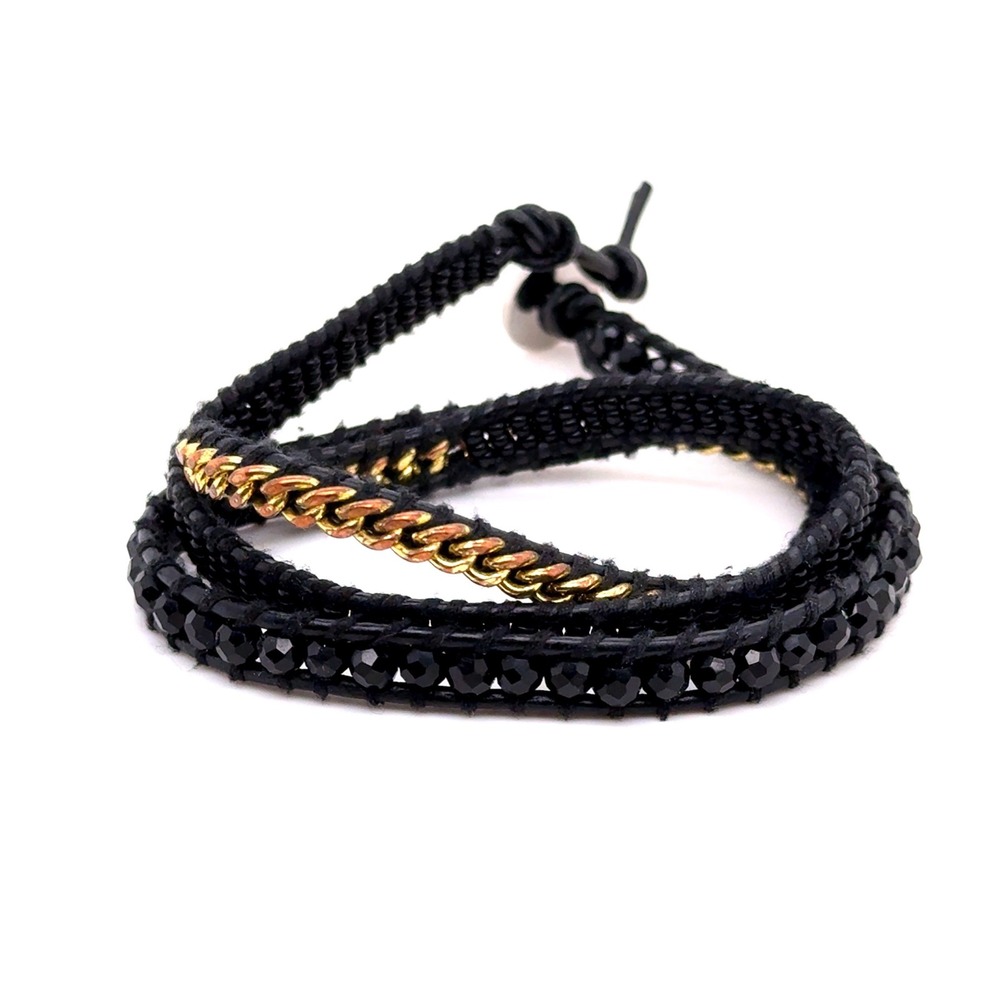 Victoria Emerson Black Crystal and Gold Chain Leather Wrap Bracelet 21"